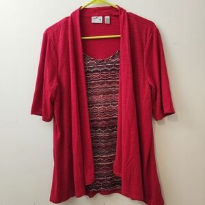 Kim Roger's Ladies Red M Layered FlamKim Rogers Red Blouse with Patterned Insert
